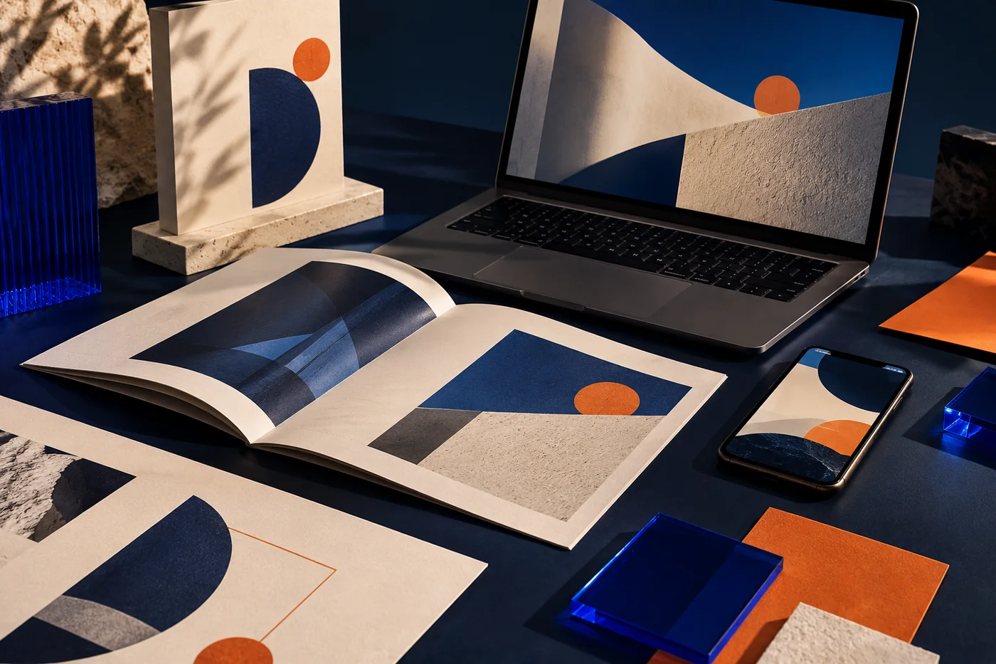 Composição ilustrativa de materiais impressos, identidade visual, site e celular